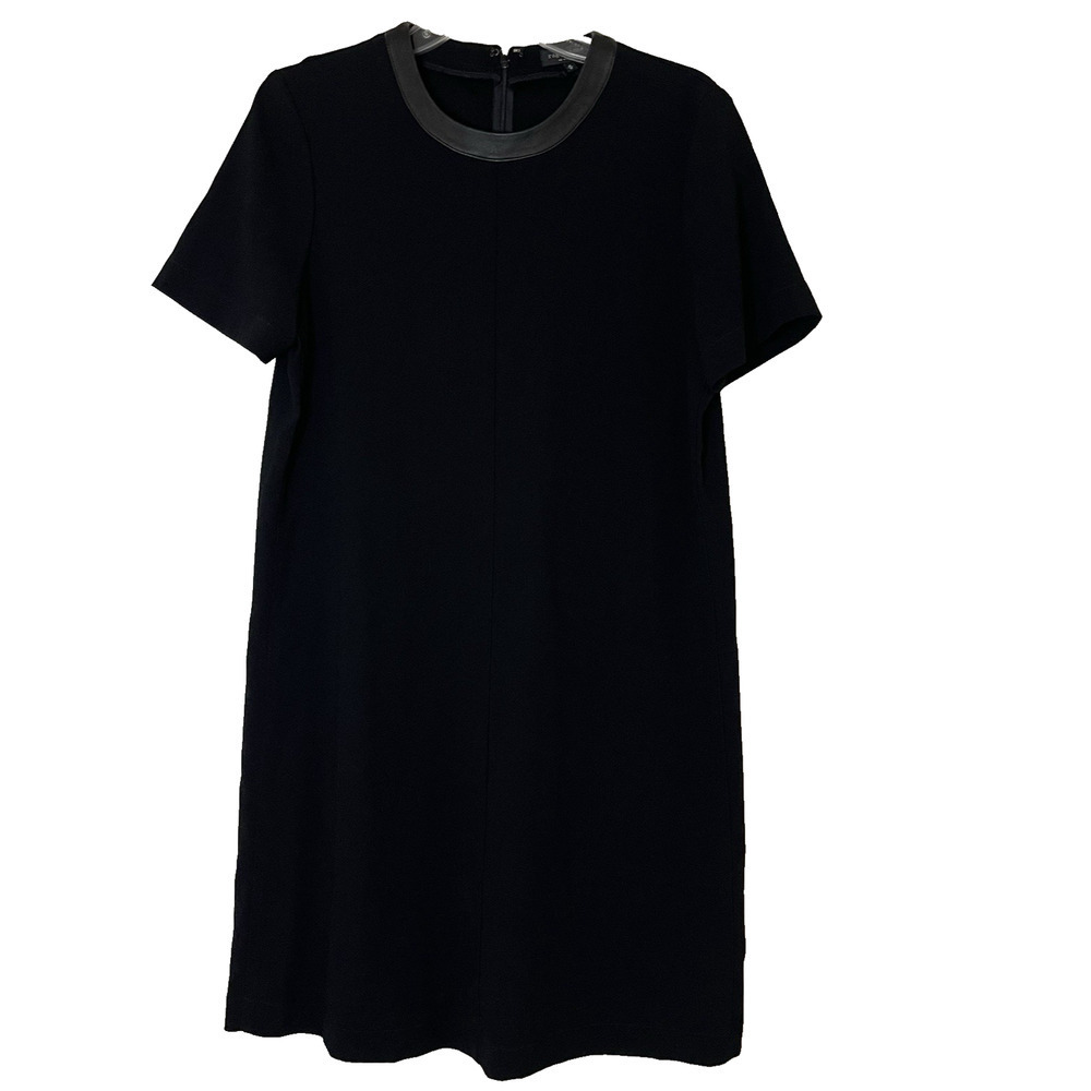 NWOT Rag & Bone black crew neck short sleeve shift dress Leather trim collar Med